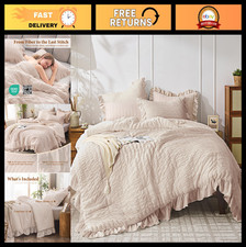 Beige King Comforter Set - 3 Piece Lightweight Seersucker Bedding, Ruffle Design