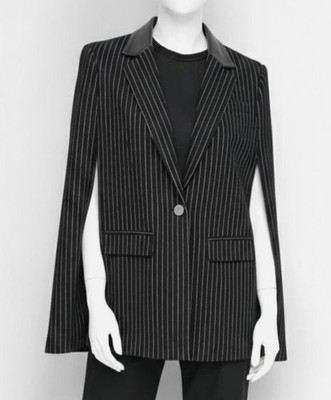 DKNY Women's Black Pinstriped Notched-Collar Cape Jacket Size S