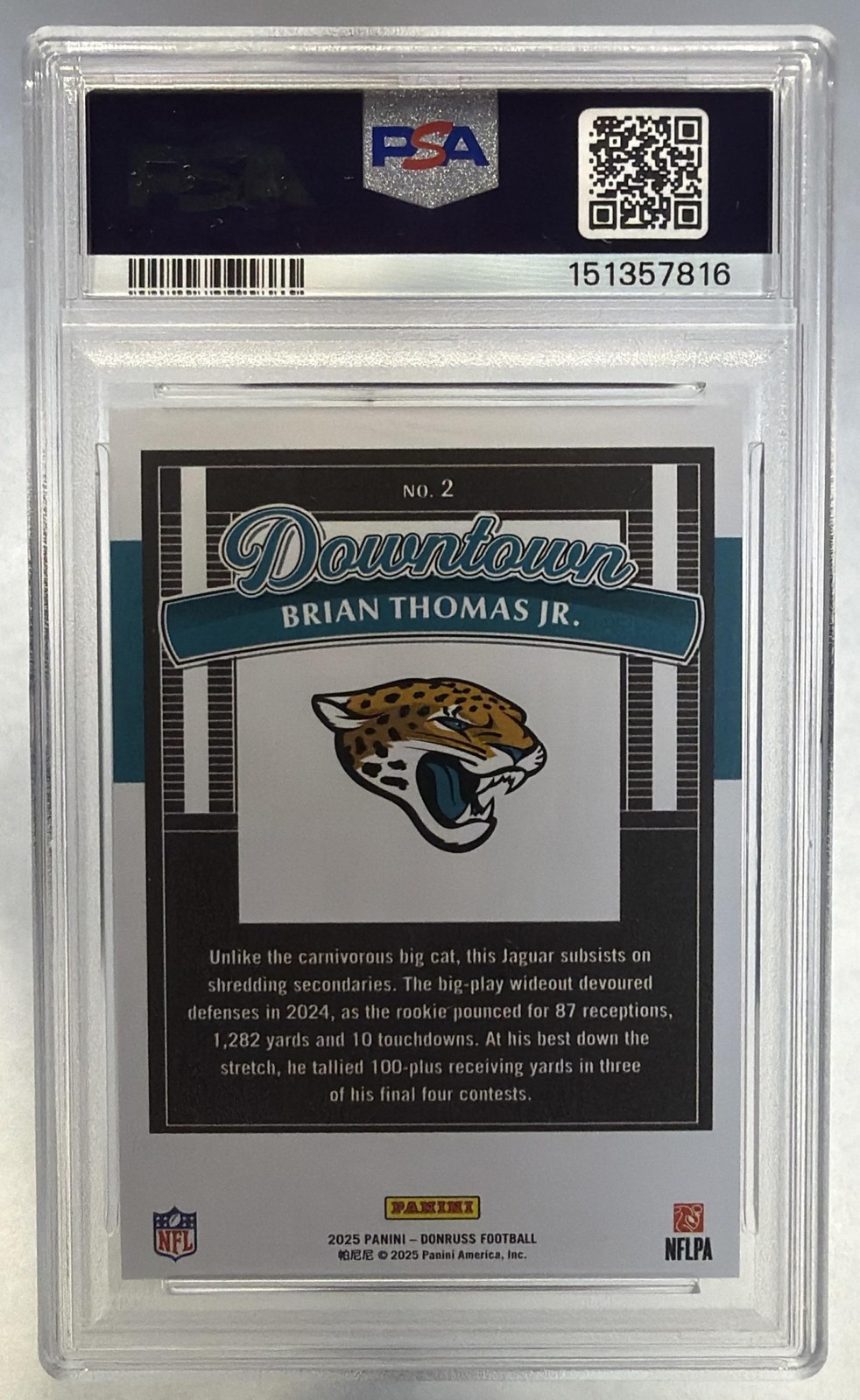 2025 Panini Donruss Brian Thomas Jr. Downtown! PSA 10 #2SP Jaguars view 2