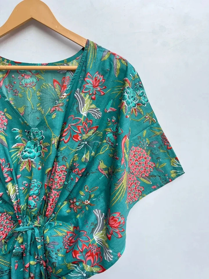 Maxi Vestido Caftán Playa Larga 100% Algodón Indio Vintage Talla Única Caftán Kimono Foto 3 de 4