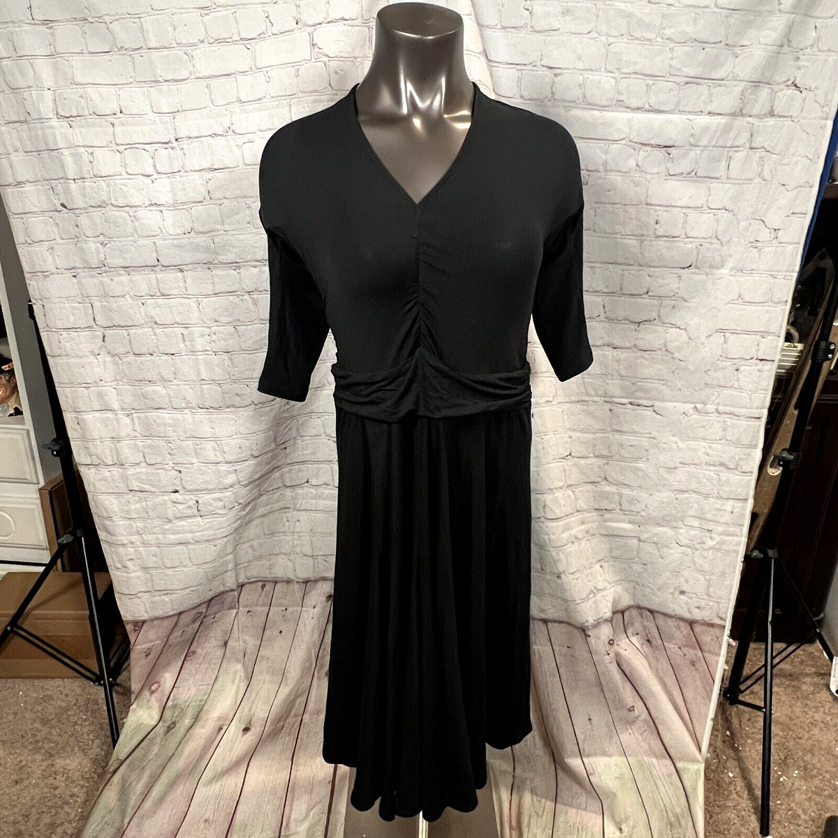 BCBG MAXAZRIA Size Large Black 3/4 Sleeve Jersey Shirt Dress Retail $178.00