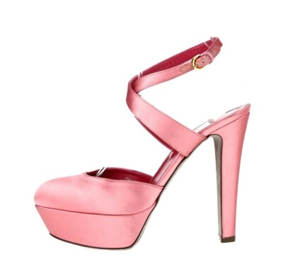 Sergio Rossi Womens Rose Pink Satin Ankle Strap Platforms Heels Size 37.5