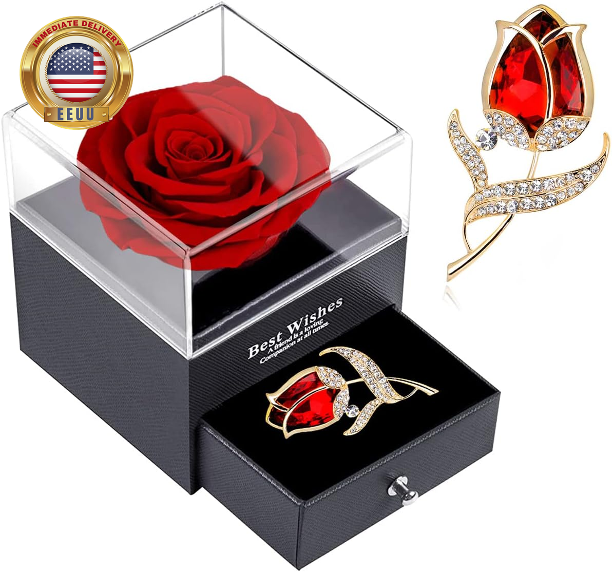 Preserved Red Rose Gift Box- Enchanted Real Rose with Ruby Rose Brooch, Eternal