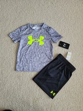 New Under Armour Boys Outfit 2 Piece Shorts Set Gray/ Black,Size 4