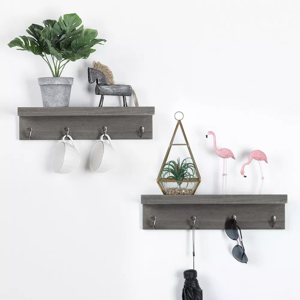 Set of 2 Wood Wall Shelves Storage Unit Rack Floating Display Shelves with  Hooks