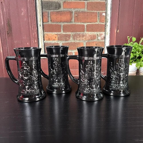 Indiana Tiara Black Glass Beer Steins Mugs With Tavern Scene Set Of 4