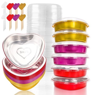 12 Pack 8 Inch Heart Shaped Cake Pans With Lids, 23oz Large Disposable Foil Pans