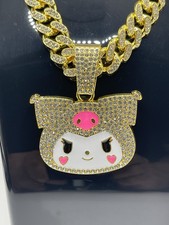 18k Gold Plated Hello Kitty Kuromi Charm Pendant Cuban Link Chain Necklace Pink