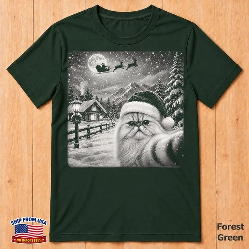 Starry Moon Night Santa Sleigh Persian Cat Christmas Xmas T-shirt image 4