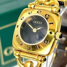 GUCCI 6400L Quartz Gold Swiss Made Black Dial Womens Watch Vintage