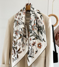 Pure 14 Momme Twill Silk Wrap Scarf Bandanna flowers Print Square Shawl 88X88cm