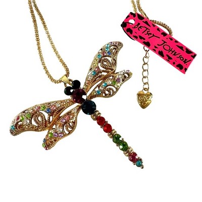 Betsey Johnson Multicolor Crystal Dragonfly Pendant Necklace Gold-Tone Chain