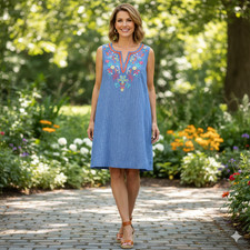 Talbots Womens Shift Dress 20 Floral Embroidered Linen Sleeveless Multicolor