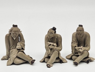 Chinese Mud Man Figurine Shekwan Mudware 3 Scholar Pottery Clay Miniature  Vtg