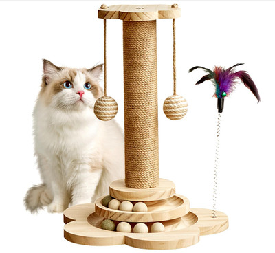 Cat Scratching Post, 4-in-1 Wooden Cat Scratcher Toy, 18'' Tall Scratch Post Toy