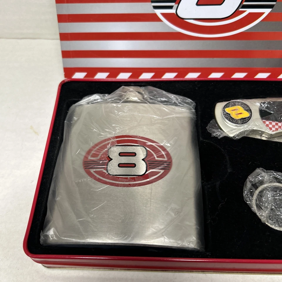 Dale Earnhardt Jr. #8 Flask, Pocket Knife with Bottle OpenerKeychain & Metal Tin - Image 3 of 4