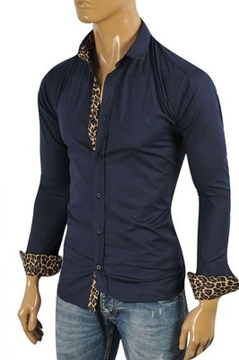 Roberto Cavalli Navy Blue Men Dress Shirt Leopard Details,  365, Size XL