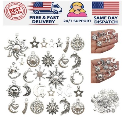 Charming Craft Set: 80 Antique Silver Sun Moon Stars - Perfect for DIY Projects