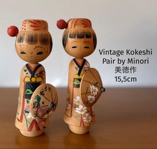 Japanese Kokeshi Doll Pair Floral Kimono Parasols 15.5cm Collectible 15+