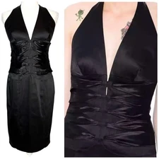 Cache Vintage 90s Satin Corset Halter Dress Womens Size 8 Black Classic Backless