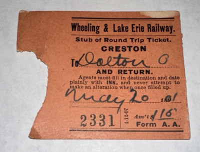Wheeling & Erie Eisenbahn Ticket Stub Rundfahrt Creston - Dalton Ohio 20.05.1901 
