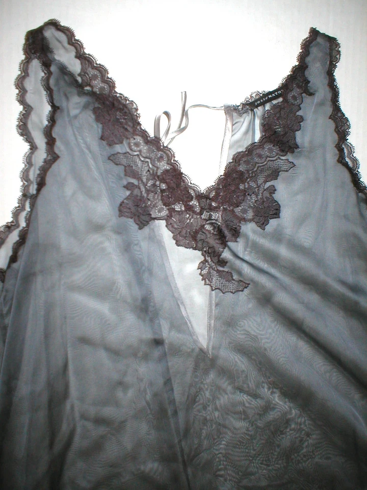 NWT New Designer Josie Natori Silk Womens Sheer Gown Chemise S Gray Lace Trim  - Image 2 of 4