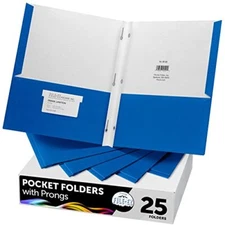 Two-Pocket Folders with 3-Prong Fasteners Blue Color 25-Pack Durable Textured...