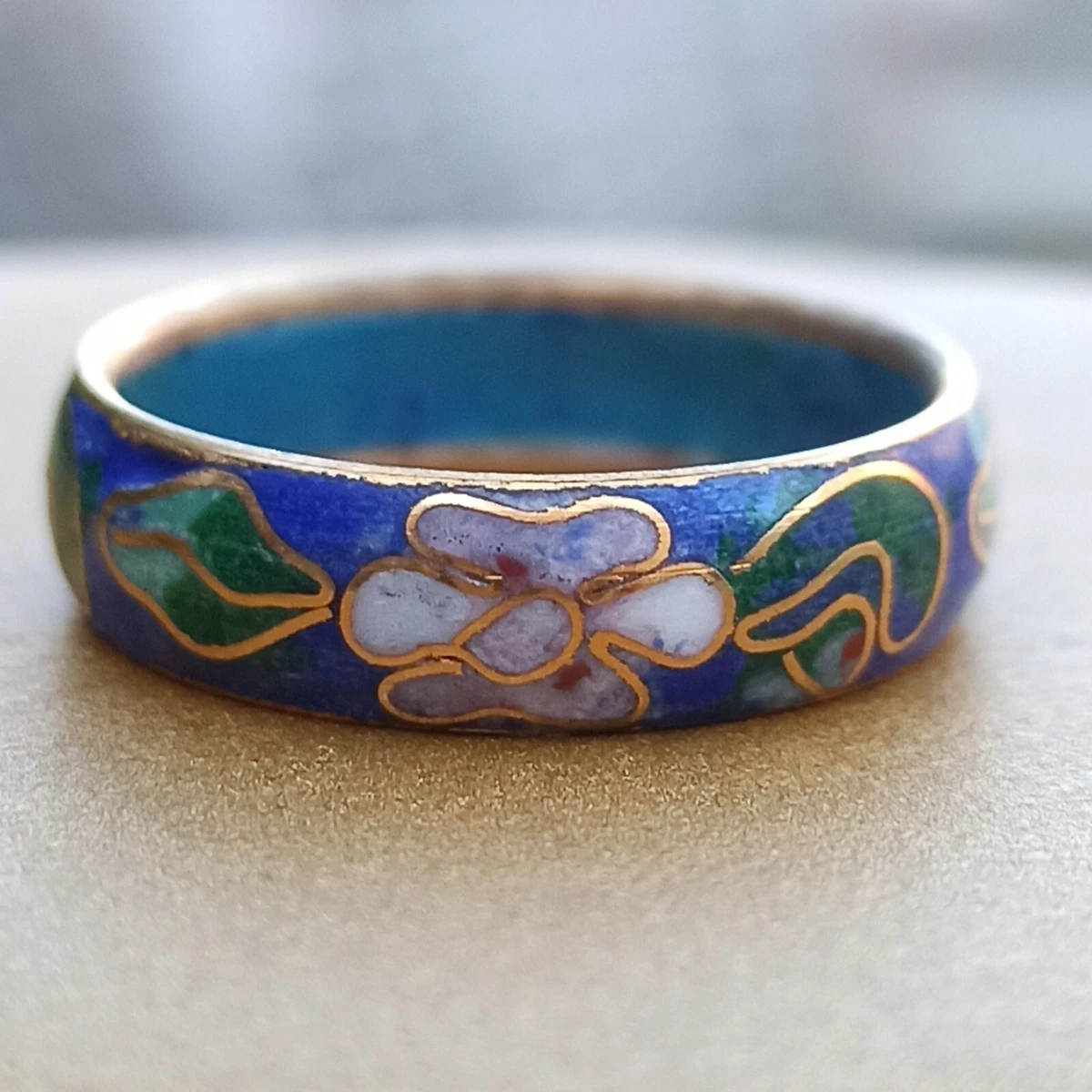 Vintage Cloisonne Ring Colorful Deep Blue Floral Enamel Filigree Bohemian Gift