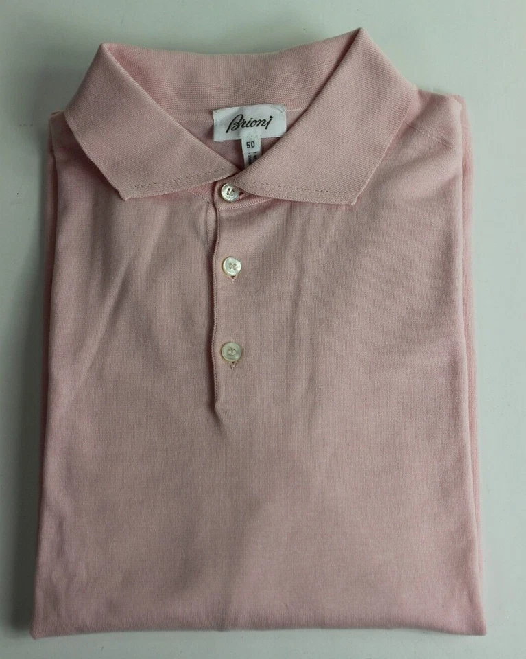 NEW Brioni Knit Polo Shirt Long Sleeve Cotton Pale Pink Collared 50 L Foto 2 de 4