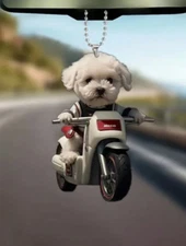 Cute White Dog on Bike Acrylic Car Ornament - Car Charm or Christmas Tree Decor