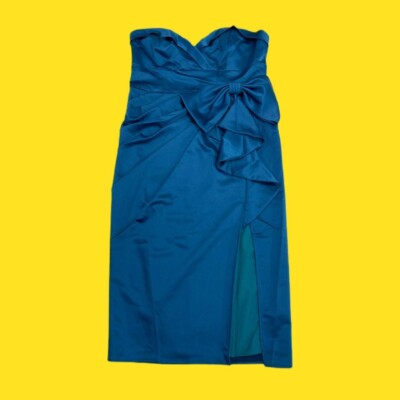 V by sehr schönes trägerloses Satin-Bleistift-Midikleid mit Schleife vorne, blau, UK 16