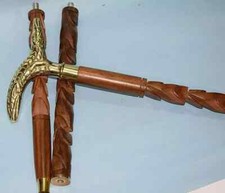 Wooden Walking Stick Cane Antique Victorian Brass Golden Snake Head Handle