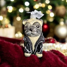 Pug Dog Fawn Ornament Portugal Hand-Painted Blown Glass Glitter Multicolor New 