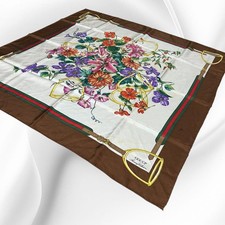 GUCCI Large Scarf Floral Bouquet Equestrian Silk White Brown 85x86cm