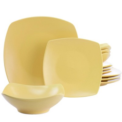 Gibson Home Zen Buffetware 12 Piece Square Fine Ceramic Dinnerware Set Matte Yel