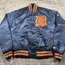 Vintage 80s Detroit Tigers Satin Bomber Jacket Mens Medium Blue Starter MLB Rare