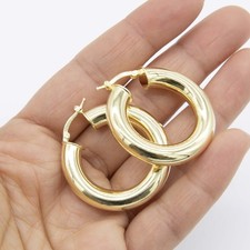 14K Yellow Gold-Plated Silver 925 7x35mm Plain Shiny Polished Hoop Earrings