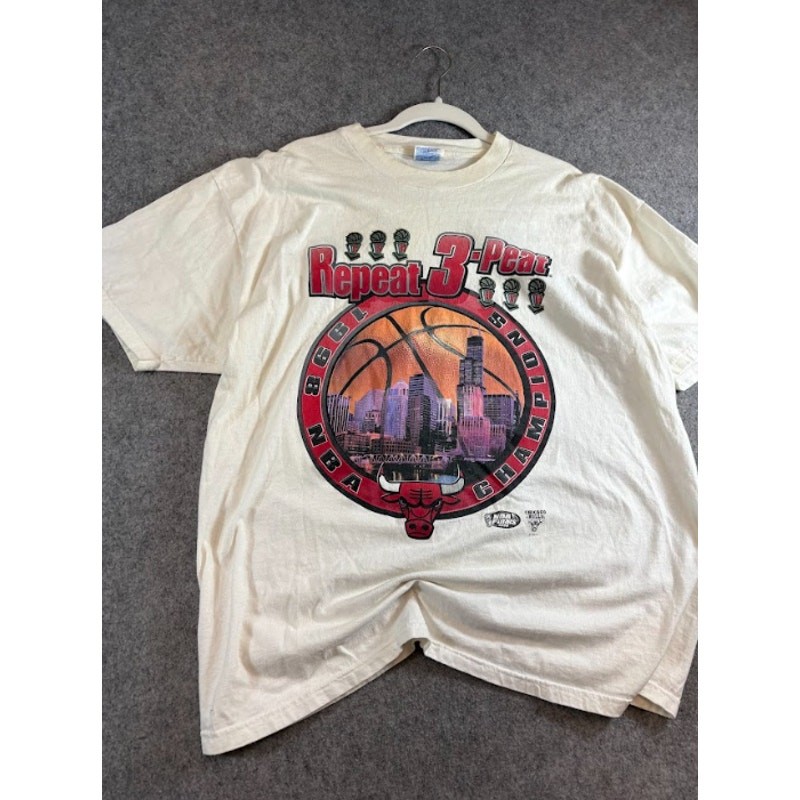 VTG 90s Chicago Bulls Repeat 3-Peat Champions NBA Shirt Mens XL White Basketball