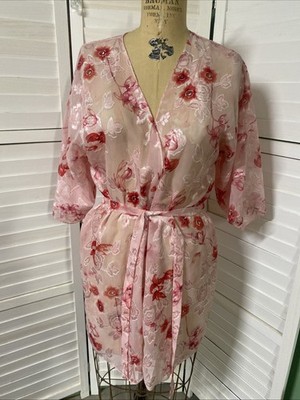 Secret Treasures Pink Floral Belted Robe Kimono Sheer Chiffon Jacquard Sz Small