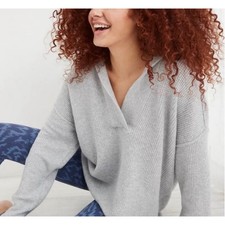 Aerie CozyUp Waffle Knit V-Neck Oversized Gray Hoodie Sweater Women's Size S