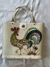 Vintage Rooster Jeweled Purse Handbag Wood Bottom Canvas - Enid Collins Style 