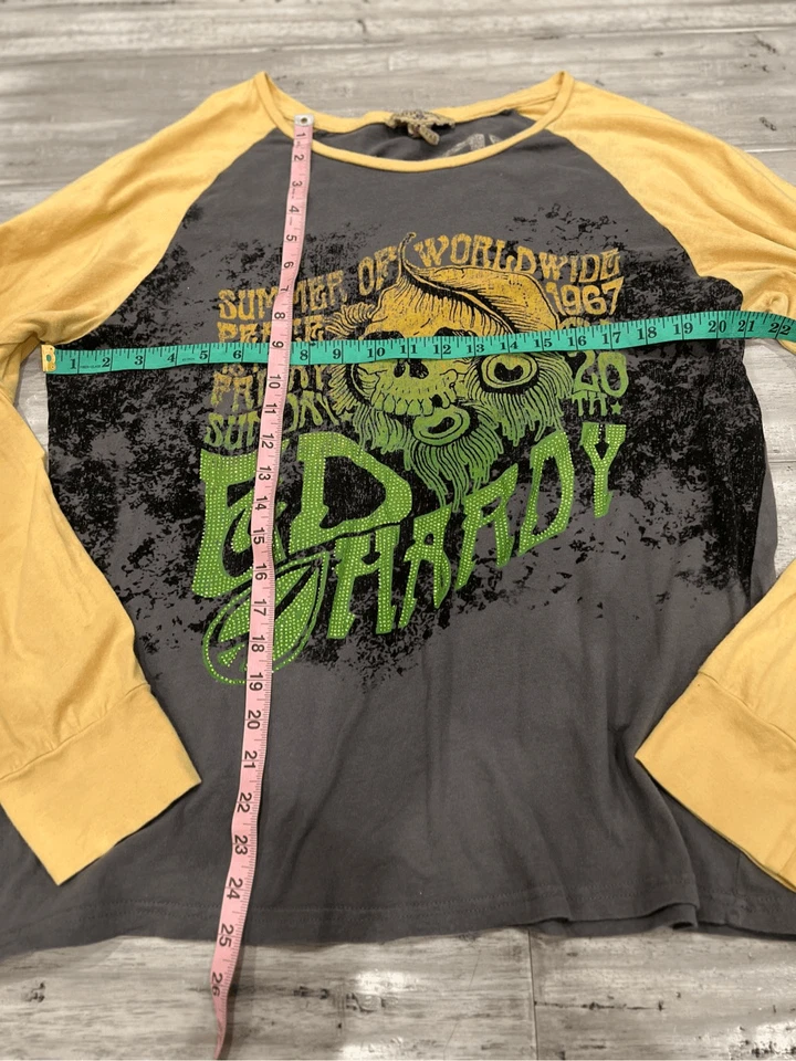 Camiseta de béisbol vintage Y2K gris y amarillo unisex adornada Ed Hardy manga larga Foto 4 de 4