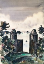 Meerblick, Küstenlandschaft, Antikes Aquarell, Großformat, 20. Jh.