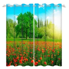 Nature Scenery Window Curtains Vibrant Green Tree Red Poppy Window Treatments...