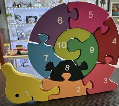 Educational Wooden Snail 10 Piece Brightly Colored Puzzle Numbers 1-10