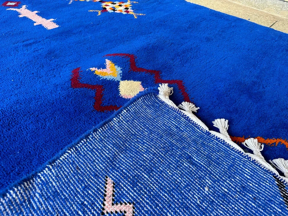 Alfombra azul tejida a mano marroquí - Alfombra de patrón abstracto - Lana - 8x10 pies Foto 4 de 4