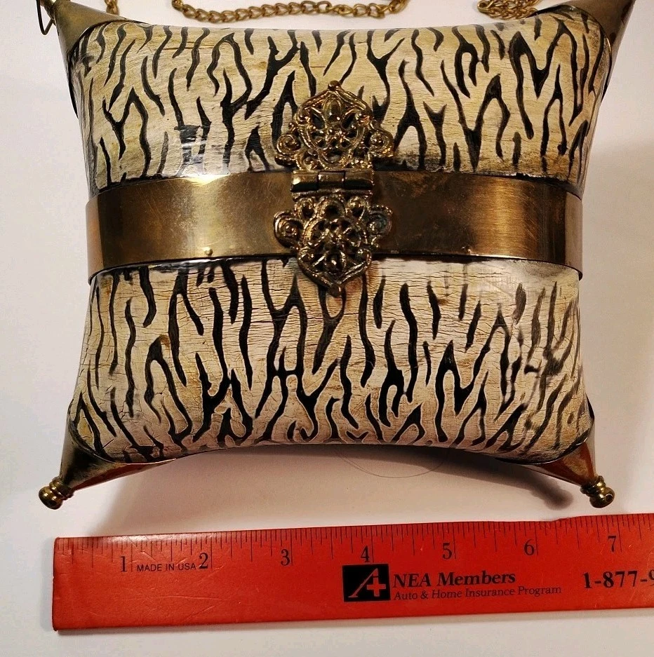 Vintage or Antique Brass/Copper Animal Print Pillow Purse Bag With Chain, Lined - Image 3 of 4