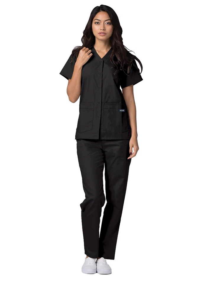 Adar Women Doctor Nurse Short Sleeve Snap Front V Neck Double Pocket Scrub Top - Image 4 of 4