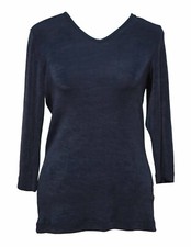 Vintage 90s BCBG Paris L Top Navy Blue 3/4 Sleeve Acetate Stretch Slinky Sheen