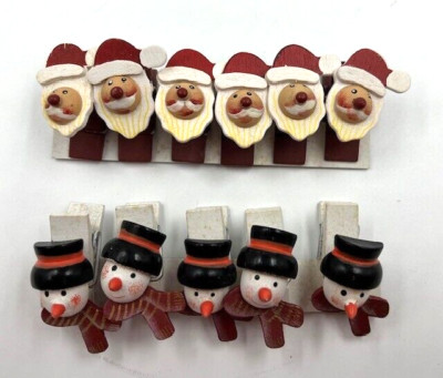 Vintage Clip-On Wood Painted Christmas Ornaments on Springs -5 Snowman & 6 Santa